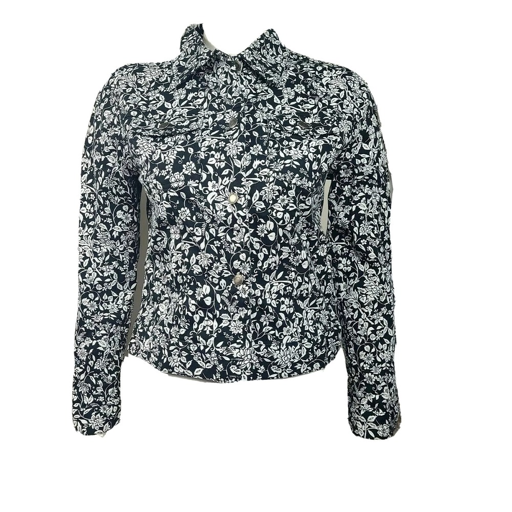 Charter Club Jacket Womens Size P Petite Black White Floral Long Sleeve